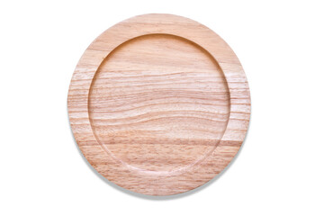 Top view, Round wooden dish made from natural materials for food or fruit on white background.