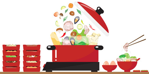 fresh vegetables falling in red boiling hot pot with set of fresh meat and vegetables trays,shabu bowl including vector