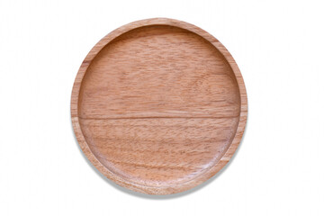 Top view, Round wooden dish made from natural materials for food or fruit on white background.