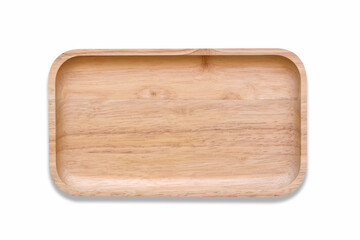 Top view, A rectangular wooden plate to hold food or fruit on white background.