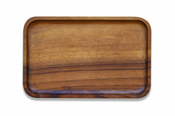 Top view, A rectangular wooden plate to hold food or fruit on white background.