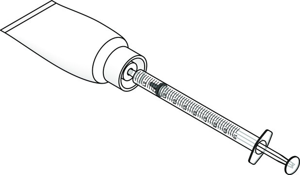 A graduated 1mL medicine dosage pipette / dropper / syringe drawing / extracting medication from a tube.