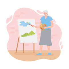 activity seniors, old woman painting the landscape of hills and sky on canvas