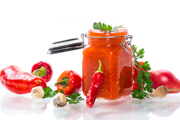 fresh natural homemade sauce made of peppers, tomatoes and other vegetables