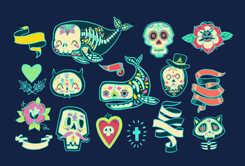 Collection of the Day of the Dead, dia de los muertos in Mexico. Skulls, flowers, ribbons, a heart in the style of an old school tattoo to decorate your labels, T-shirt prints, stickers. Vector