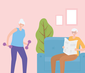 activity seniors, old man reading newspaper and elderly woman with dumbbells in the home