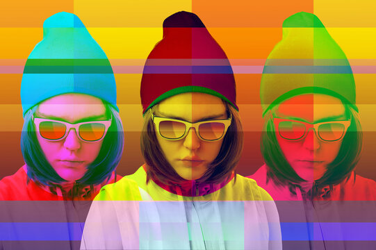Art collage with alternative funky girl with overlay effect on bright multicolors background. Close up fashion portrait young beautiful woman in glasses. Unusual youth fashion concept.