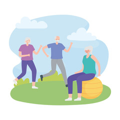 activity seniors, old couple running and elderly woman on fitness ball in the outdoors