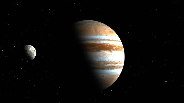 3D Render of moon orbiting Jupiter . Stars. Elements of this image furnished by NASA. scale to show size comparison of both planets