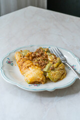 Healthy Zucchini Lasagna Bolognese Cooked with Courgette in Plate Portion.
