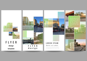 Vector layout of flyer, banner design templates for website advertising design, vertical flyer design, website decoration backgrounds. Abstract project with clipping mask green squares for your photo.