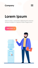 Man drinking water at cooler. Office employee, worker, work break flat vector illustration. Beverage, refreshment, watercooler concept for banner, website design or landing web page