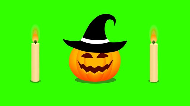 A black witch's hat falls on the Halloween pumpkin, and candles appear on both sides. 2D animation, transparent background.