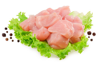 Raw chicken fillet with peppercorns on lettuce leaf  isolated on white background