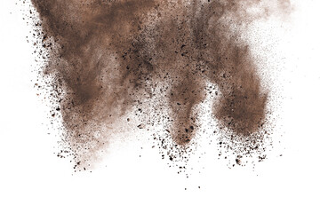 Brown powder explosion isolated on white background.