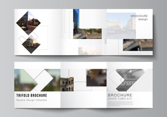 Vector layout of square format covers design templates with geometric simple shapes, lines and photo place for trifold brochure, flyer, magazine, cover design, book, brochure cover.