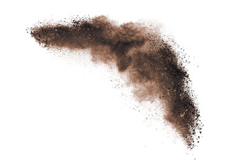 Brown powder explosion isolated on white background.