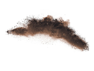 Brown powder explosion isolated on white background.