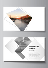 Vector layout of two creative business cards design templates, horizontal template vector design with geometric simple shapes, lines and photo place.