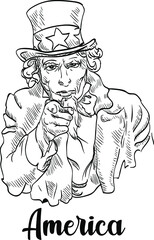 Hand-drawn American character Uncle Sam wearing a hat