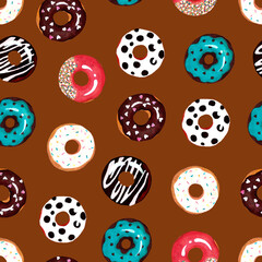 Fototapeta na wymiar Donuts of different flavors, brown background pattern
