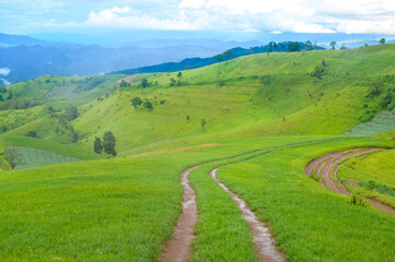Beautiful green mountain view in rain season, Tropical climate .