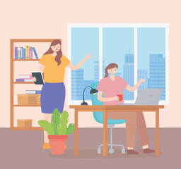 coworking, employees female interior office desk lamp chair and bookcase