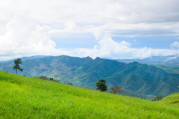 Beautiful green mountain view in rain season, Tropical climate .