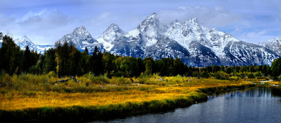 Teton Mountains Grand Teton with River and Fall Autumn Trees