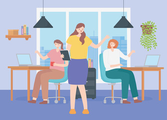 coworking, office team female characters at desk with computer