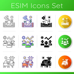Agribusiness icons set. Keyhole garden structure. Irrigation system. Animal husbandry. Agricultural development. Chart growth. Linear, black and RGB color styles. Isolated vector illustrations