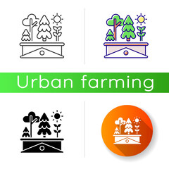 Green roof icon. Plants grow on building rooftop. Lawn on skyscraper. Urban gardening. Ecological horticulture system. Linear black and RGB color styles. Isolated vector illustrations