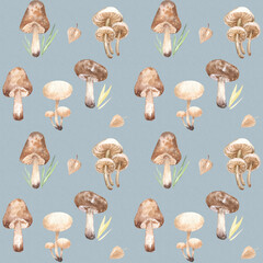 mushrooms forest autumn harvest harvest watercolor pattern gray scandinavian style childrens seamless repeating fabric paper
