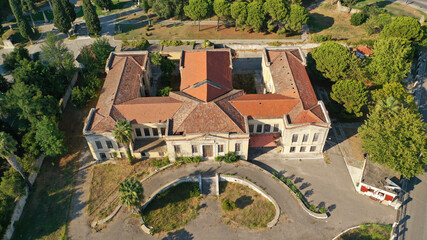 Aeria drone photo of famous Garden of Heroes memorial park, an historical landmark in the heart of Messolongi town, Aitoloakarnania, Greece