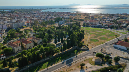 Aerial drone photo of historic town of Messolongi, Aitoloakarnania, Greece