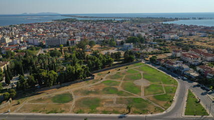 Fototapeta na wymiar Aeria drone photo of famous Garden of Heroes memorial park, an historical landmark in the heart of Messolongi town, Aitoloakarnania, Greece