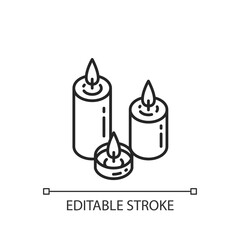 Candlelight linear icon. Atmosphere changing. Hygge element. Romantic mood. Home decoration. Thin line customizable illustration. Contour symbol. Vector isolated outline drawing. Editable stroke