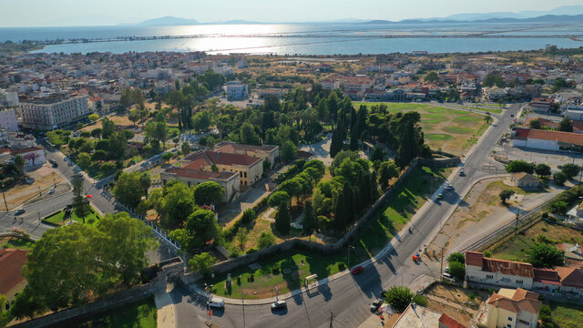 Aeria drone photo of famous Garden of Heroes memorial park, an historical landmark in the heart of Messolongi town, Aitoloakarnania, Greece