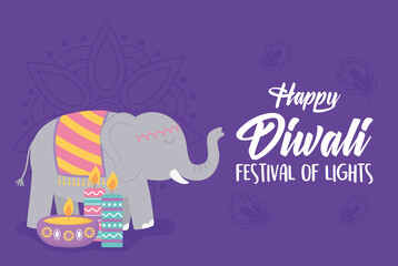 happy diwali festival, elephant candle diya lamp card, vector design