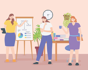 coworking, office employees female characters with desk board presentation and clock