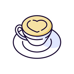 Cappuccino RGB color icon. Coffee with heart on foam. Hot drink in mug. Beverage in cup. Cafe menu. Coffee with heart on foam. Macchiato from coffee shop. Isolated vector illustration