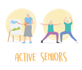 activity seniors, older people practicing exercises and hobby activities