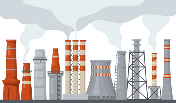 Pipe and stack factory with toxic power energy flat illustration set. Cartoon industrial chimney pollution with smoke or steam isolated vector illustration collection. Environment and ecology concept