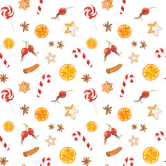 Watercolor seamless pattern with Christmas gingerbread cookies, candy, orange, rose hip, star anise and cinnamon