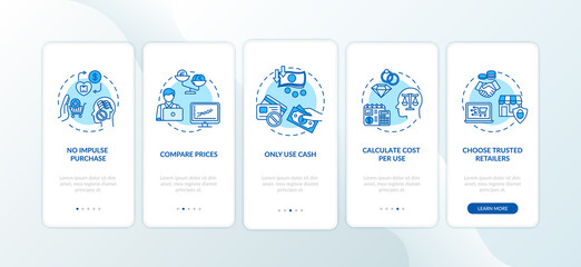 Smart spender tips onboarding mobile app page screen with concepts. Rich lifestyle advices walkthrough 5 steps graphic instructions. UI vector template with RGB color illustrations