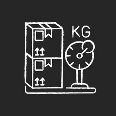 Cargo weight chalk white icon on black background. Postal service, freight transportation. Measuring parcels mass. Heavy packages, cardboard boxes on scales isolated vector chalkboard illustration