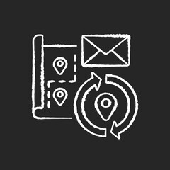 Change address chalk white icon on black background. Postal service, parcel route tracking. Finding delivery location. GPS map with geotags and envelope isolated vector chalkboard illustration