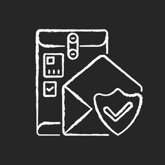 Cargo insurance chalk white icon on black background. Postal service, customer interests protection.. Safe mail delivery and correspondence privacy assurance. Isolated vector chalkboard illustration