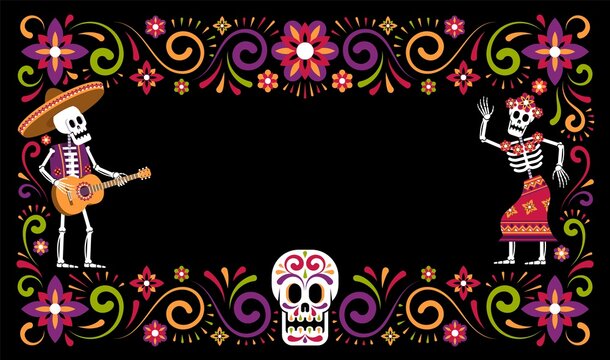 Day of dead Dia de Muertos ornamental frame with skeleton in sombrero flowers and Catrina Calavera. Mexican Halloween poster. Vector illustartion.