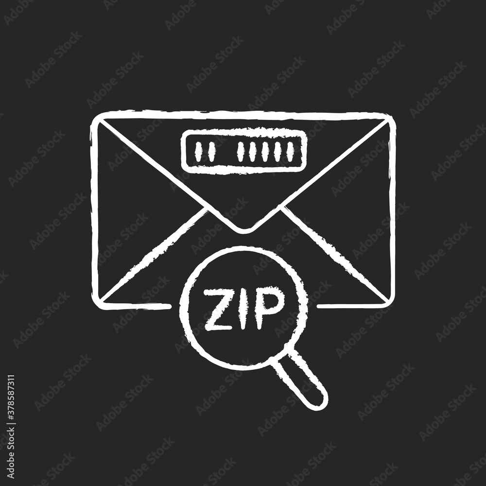 Sticker Zip code chalk white icon on black background. Post office service, correspondence. Letter with location ID. Envelope with postal code under magnifying glass isolated vector chalkboard illustration